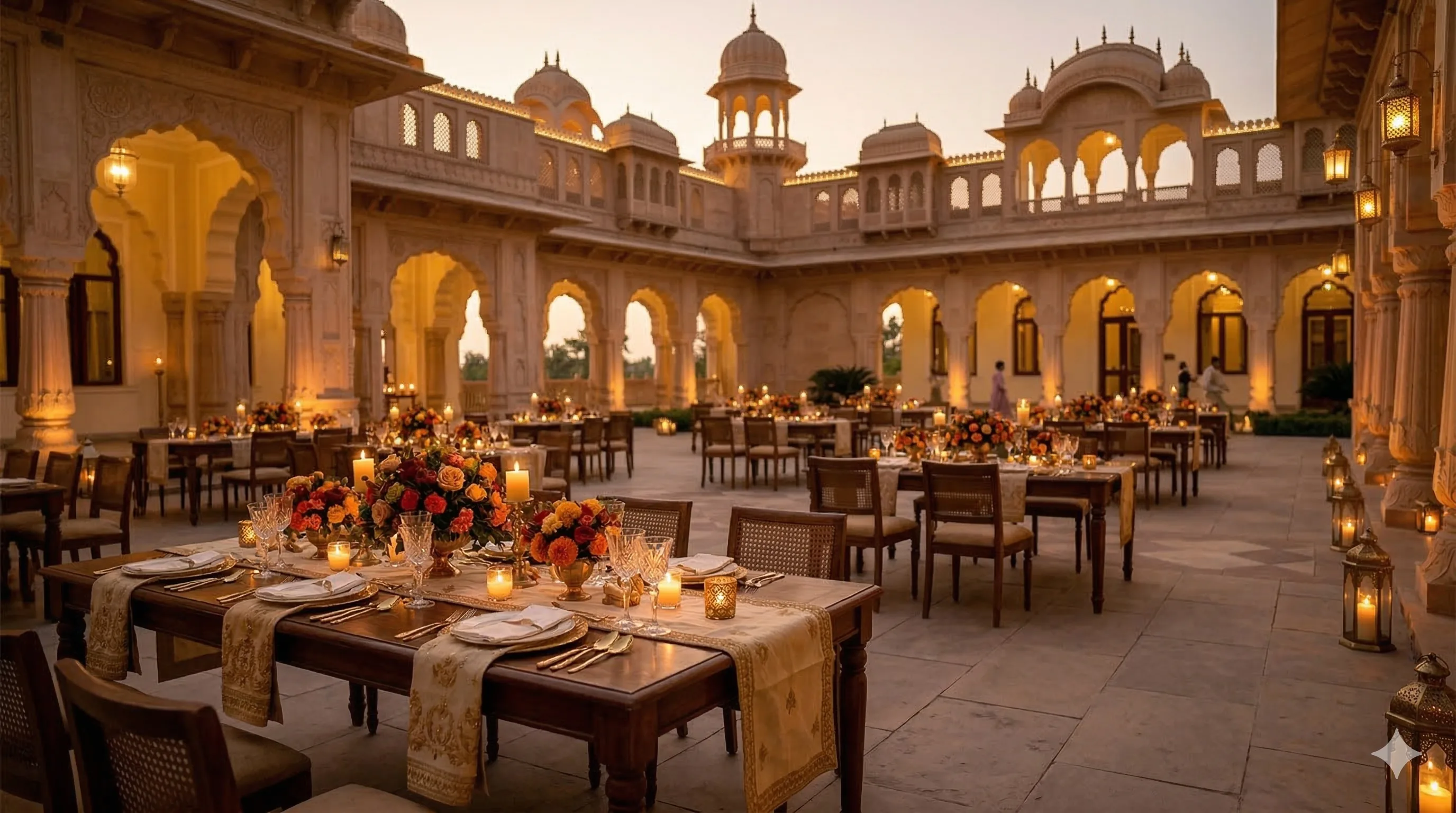 Historic palace courtyard dinner setup for an Indian wedding
