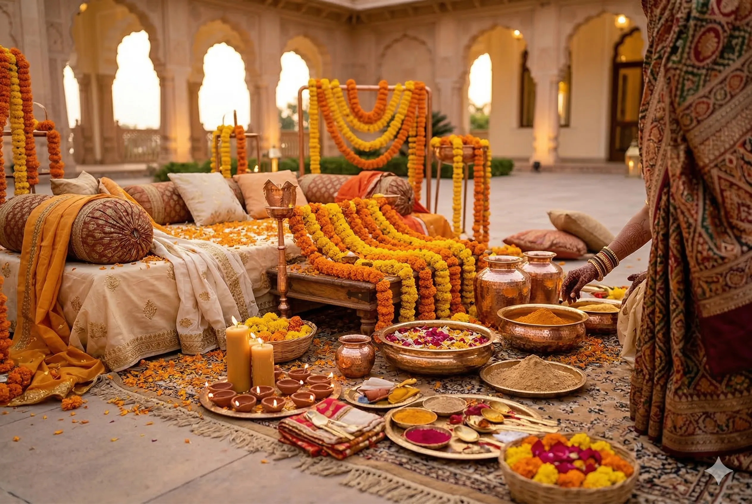 Haldi ceremony decor with marigolds and ritual details